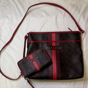 Coach Signature Monogram Crossbody Bag and Wallet Set Brown‎ Red Stripe